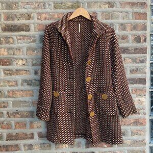 Free People Tie-Waist Tweed Wool Pea Coat Multicolored/Polka Dot Women's Sz 4